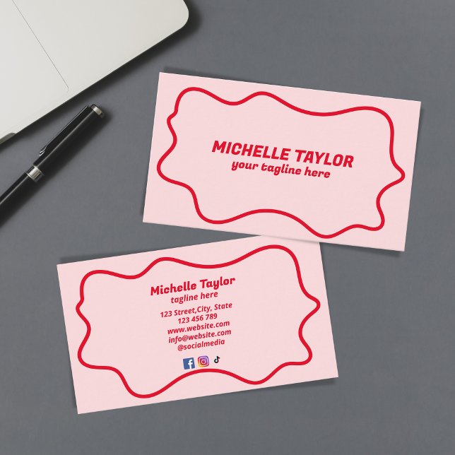 Bold Modern Pink Red Squiggle Wavy Retro  Business Card (Creator Uploaded)