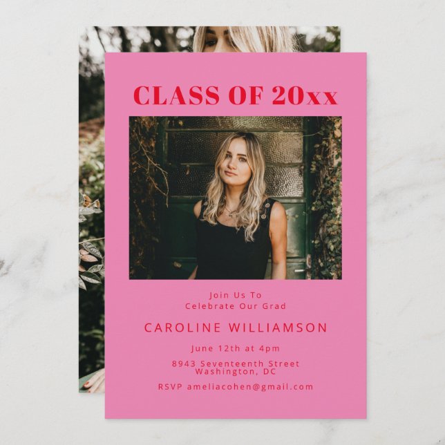 Bold Modern Pink Red Two Photo Graduation Party Invitation (Front/Back)