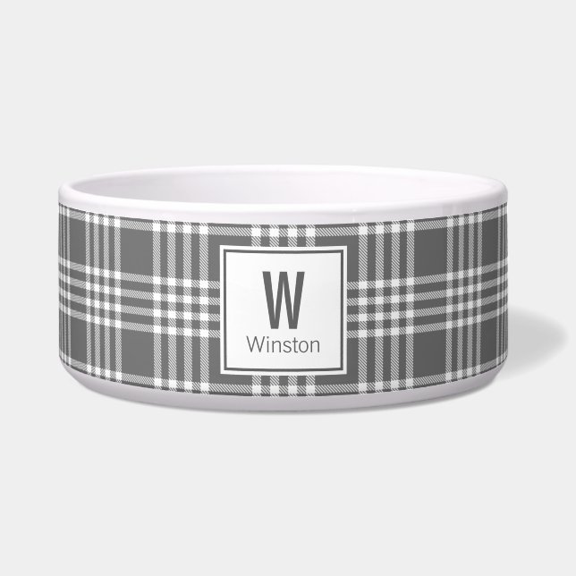 Bold Modern Plaid Monogram Ceramic Pet Bowl (Front)