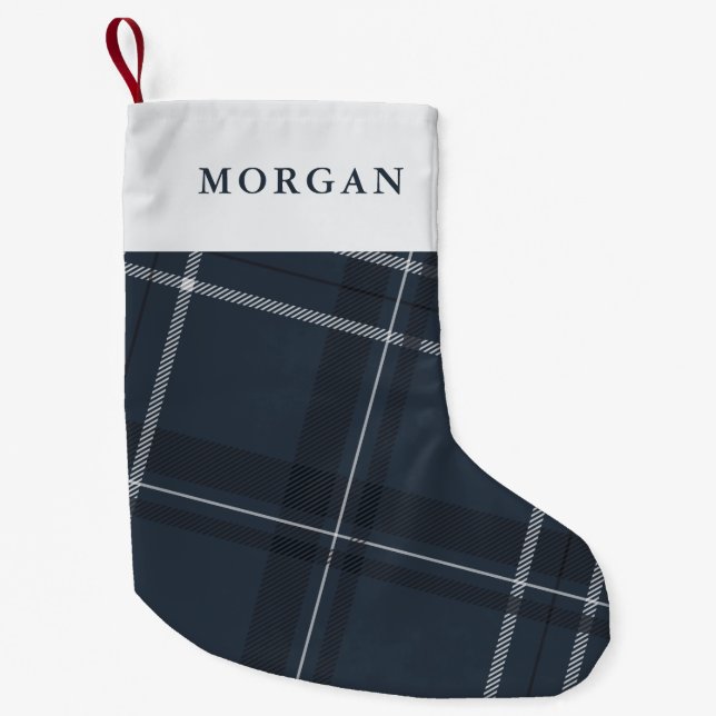 Bold modern plaid navy blue personalised small christmas stocking (Front)
