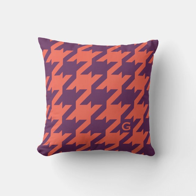 Bold modern purple orange houndstooth monogram cushion (Front)