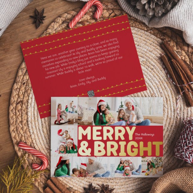 Bold Modern Red 6 Photo Merry and Bright Gold Foil Holiday Card (Creator Uploaded)