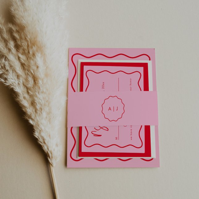 Bold Modern Red And Pink Wedding Invitation Invitation Belly Band (Creator Uploaded)