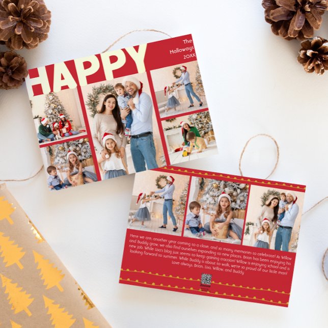 Bold Modern Red Eight-Photo Happy Gold Foil Holiday Card (Creator Uploaded)