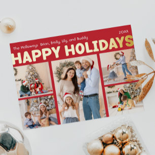 Bold Modern Red Five Photo Happy Gold Foil Holiday Postcard