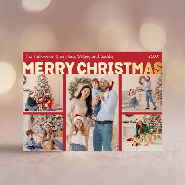 Bold Modern Red Five-Photo Merry Christmas Gold Foil Holiday Card (Creator Uploaded)