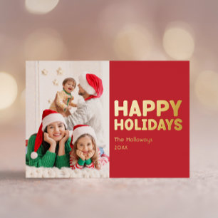 Bold Modern Red One Photo Merry and Bright Gold Foil Holiday Card