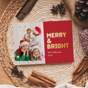 Bold Modern Red One Photo Merry and Bright Gold Foil Holiday Card