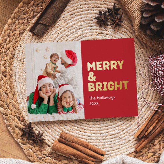 Bold Modern Red One Photo Merry and Bright Gold Foil Holiday Card (Creator Uploaded)