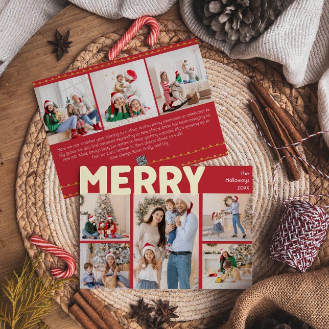 Bold Modern Red Photo Year in Review Merry Gold Foil Holiday Card (Creator Uploaded)