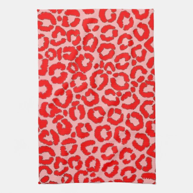 Bold Modern Red Pink Leopard Animal Print Tea Towel (Vertical)