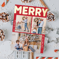 Bold Modern Red Vertical Three Photo Merry Gold