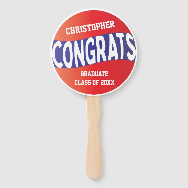 Bold Modern Red White Blue Graduation Congrats Hand Fan (Front)