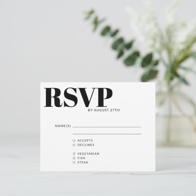 Bold Modern Simple Black White QR Code Meal Choice RSVP Card (Standing Front)