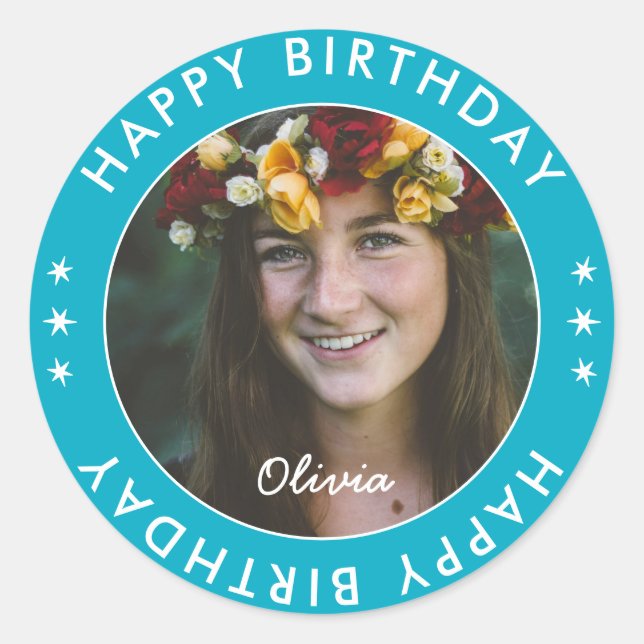 Bold Modern Simple Green Happy Birthday Photo Classic Round Sticker (Front)
