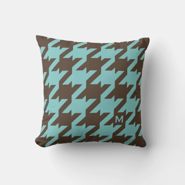 Bold modern teal brown houndstooth with monogram cushion (Front)