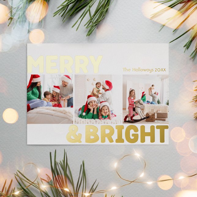 Bold Modern Three photo Merry and Bright Gold Foil Holiday Card (Creator Uploaded)