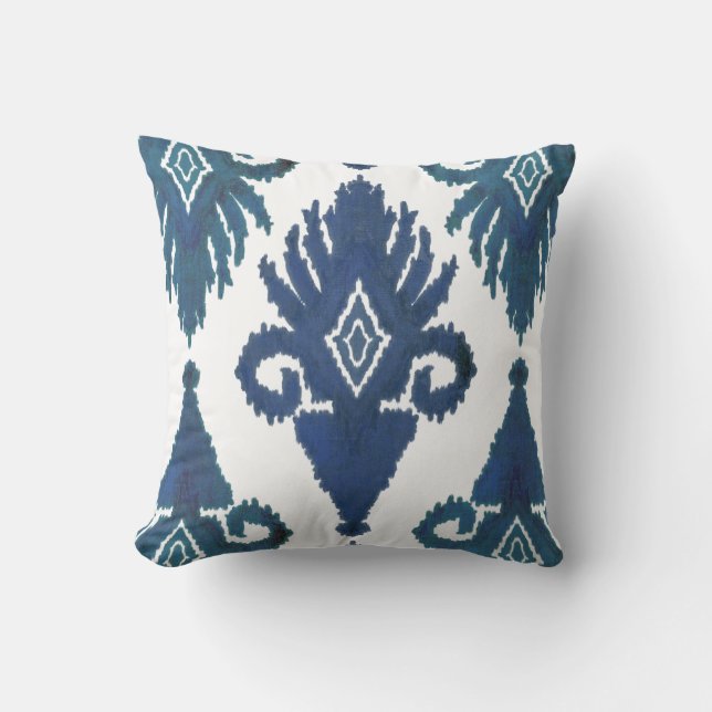 Bold Modern Tribal IKAT Peacock Royal Blue Navy Cushion (Front)