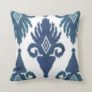 Bold Modern Tribal IKAT Peacock Royal Blue Navy Cushion