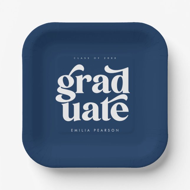 Bold Modern Type Blue Graduation Party Paper Plate (Front)
