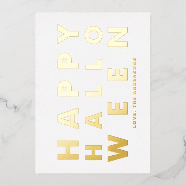 Bold Modern Typography White Happy Halloween Foil Holiday Card (Front)