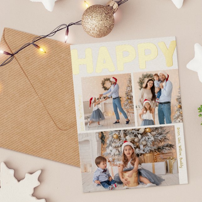 Bold Modern Vertical Three Photo Happy Gold Foil Holiday Postcard (Creator Uploaded)