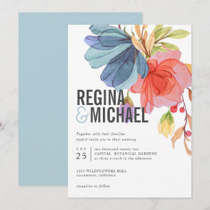 Bold Modern Watercolor Aqua Wildflowers wedding Invitation