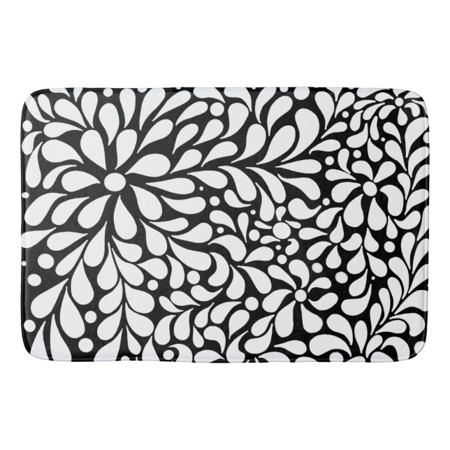 Bold modern white flowers on black background bath mat (Front)
