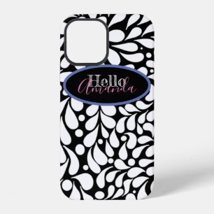 Bold modern white flowers on black background iPhone 12 case