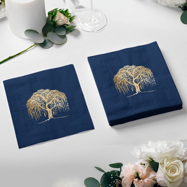 Bold Modern Willow Tree Navy Blue Gold Wedding Napkin (Bold Modern Willow Tree Navy Blue Gold Wedding Napkins)