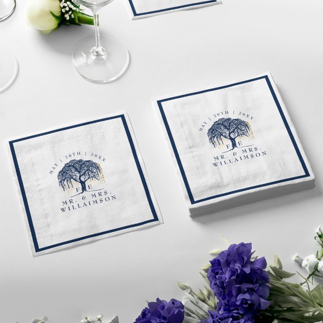 Bold Modern Willow Tree Navy Blue Gold Wedding Napkin (Bold Modern Willow Tree Navy Blue Gold Wedding Napkins)