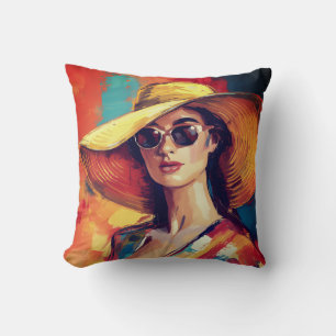Bold Modern Woman in Golden Hat Abstract Portrait Cushion