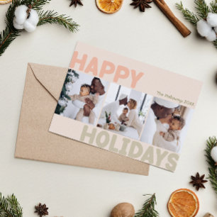 Bold Modern Year In Review Coral Three Photo Happy Holiday Card