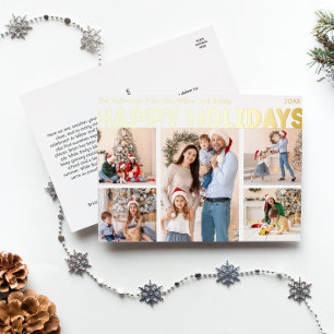 Bold Modern Year In Review Five Photo Happy Gold Foil Holiday Postcard