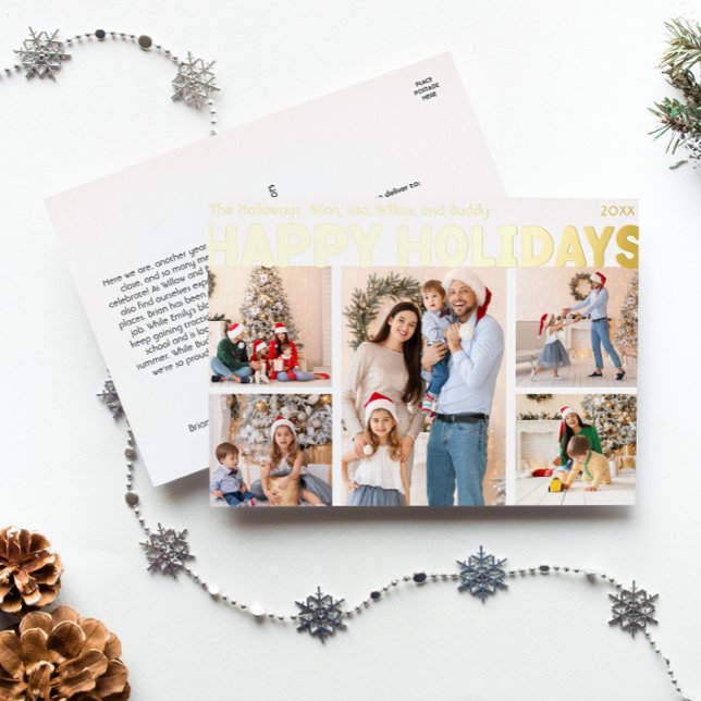 Bold Modern Year In Review Five Photo Happy Gold Foil Holiday Postcard (Creator Uploaded)