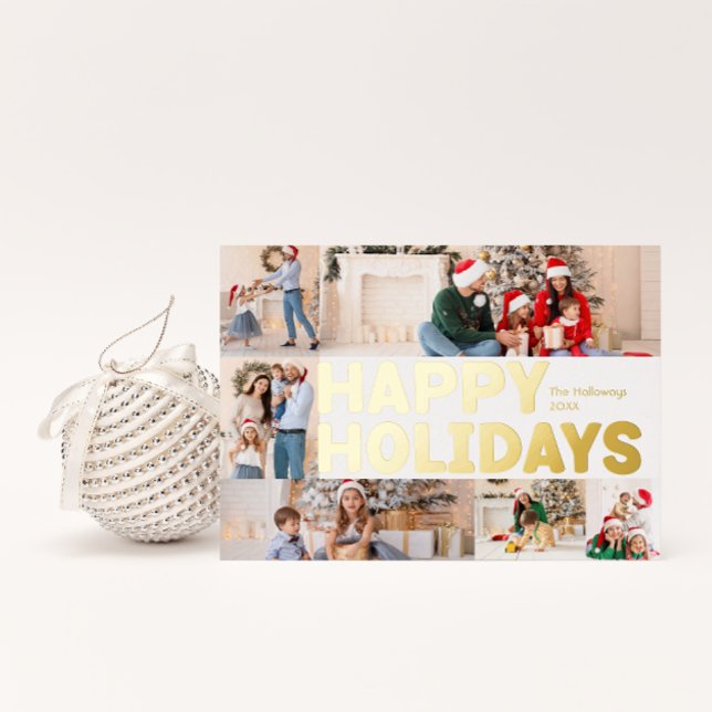 Bold Modern Year In Review Six-Photo Happy Gold Foil Holiday Postcard (Creator Uploaded)