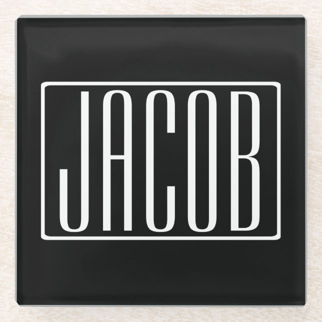 Bold & Modern Your Name or Word | White On Black Glass Coaster (Front)