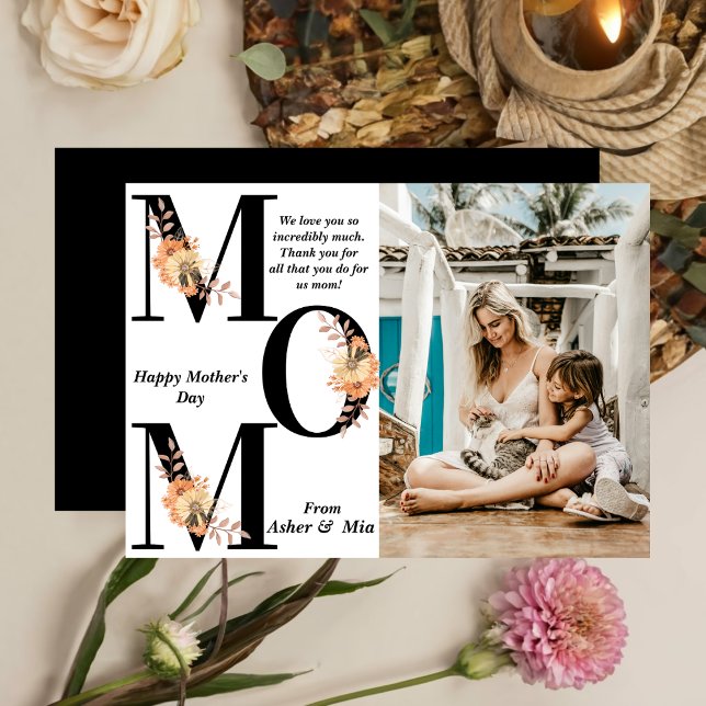 Bold MOM Black Boho Flowers Photo Mother's Day Card (Creator Uploaded)