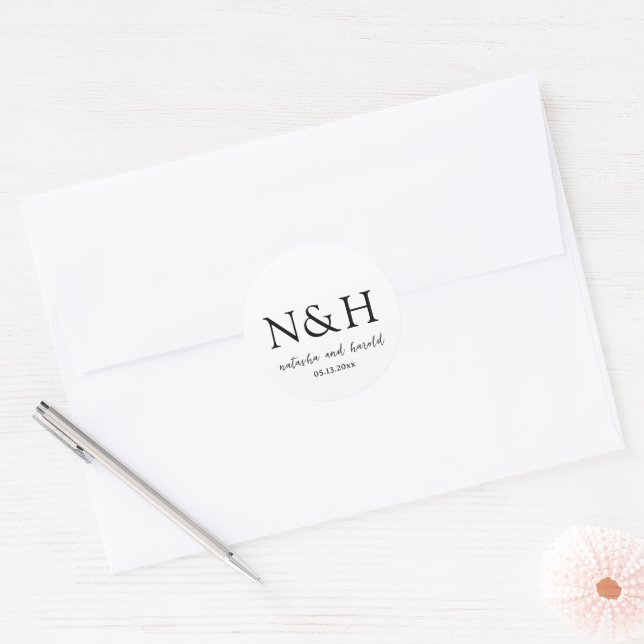 Bold Monogram Black and White Modern Wedding Classic Round Sticker (Envelope)