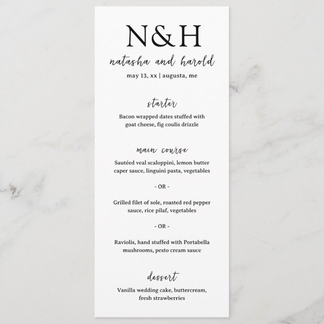 Bold Monogram Black and White Modern Wedding Menu (Front)