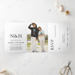 Bold Monogram Black and White Modern Wedding Tri-Fold Invitation