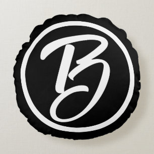 Bold Monogram Black White Calligraphy Circle Round Cushion