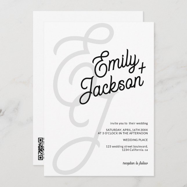 Bold monogram brush names black qr code wedding invitation (Front/Back)