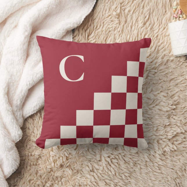 Bold Monogram Burgundy Red Cream Geometric Pattern Cushion (Blanket)
