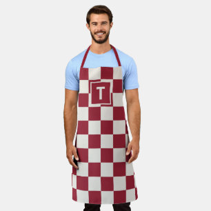 Bold Monogram Dark Red Cream Chequered Pattern Apron