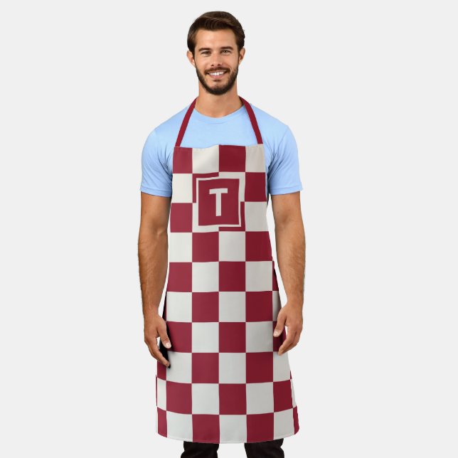 Bold Monogram Dark Red Cream Chequered Pattern Apron (Worn)