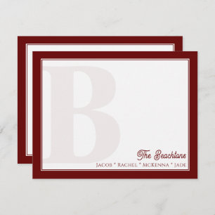 Bold Monogram Dark Red Family Stationery Card