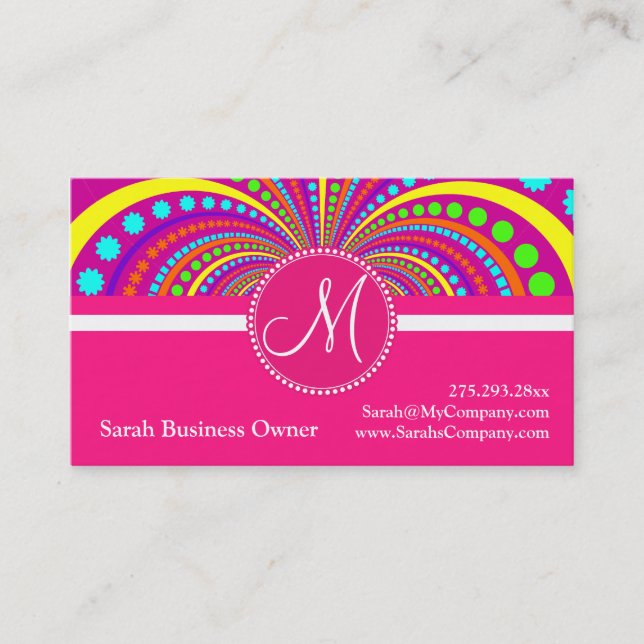 Bold Monogram Funky Pattern Hot Pink Design Business Card (Front)