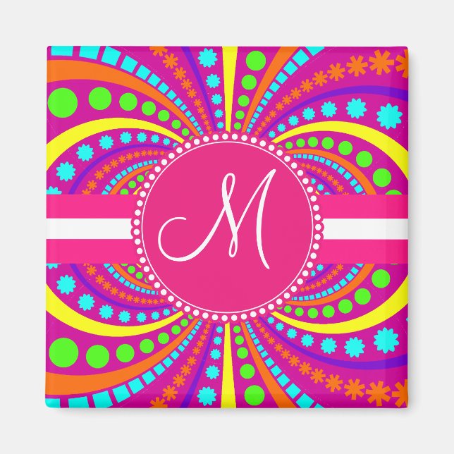 Bold Monogram Funky Pattern Hot Pink Design Magnet (Front)