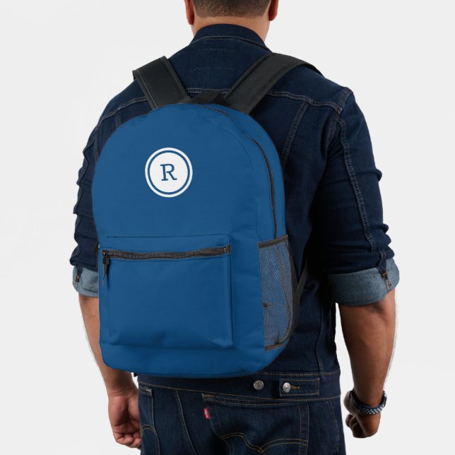 Bold Monogram in White Circle on Blue Printed Backpack (Insitu (Model))
